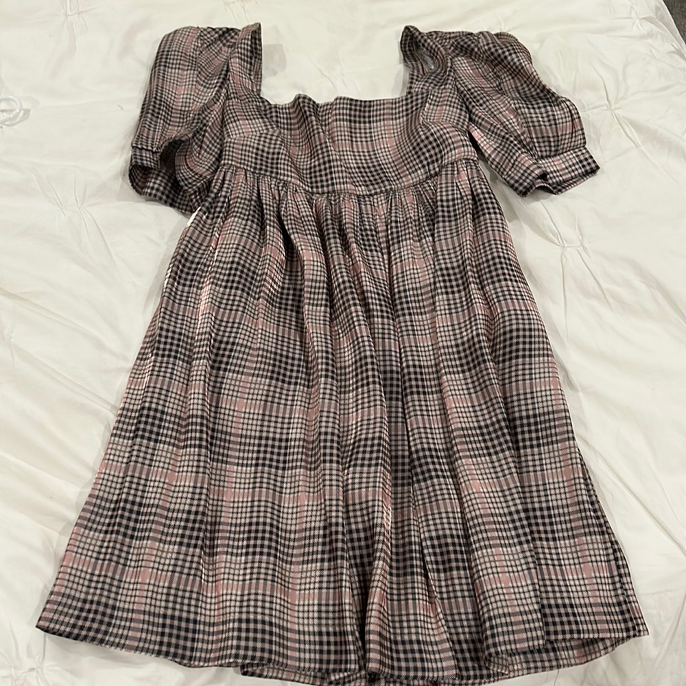 En Saison Metallic Plaid Puff Sleeve Mini Dress Size S